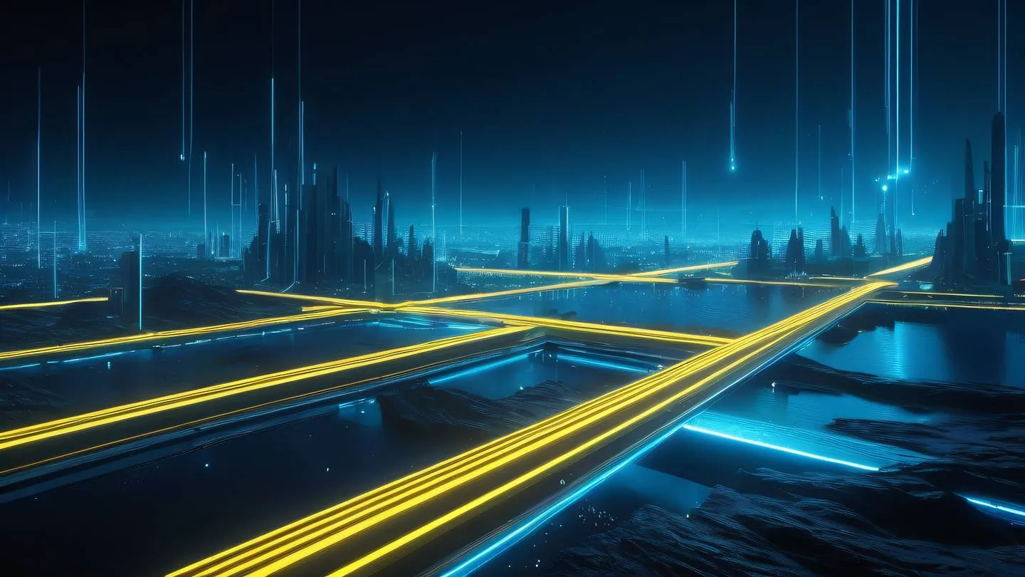 A futuristic technological landscape with floating geometric shapes and data streams featuring bright neon blue and yellow light trails against a dark background ultra-realistic cinematic 8K UHD high resolution sharp and detailed