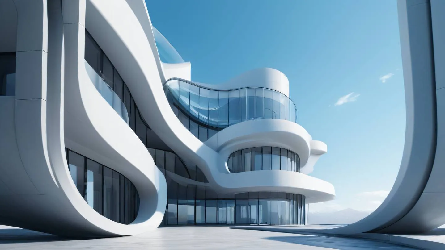 Modern abstract architecture with flowing lines and curves featuring bright sky blue and gray geometric elements minimalist design elements floating in space high-quality ultra-realistic cinematic 8K UHD sharp and detailed