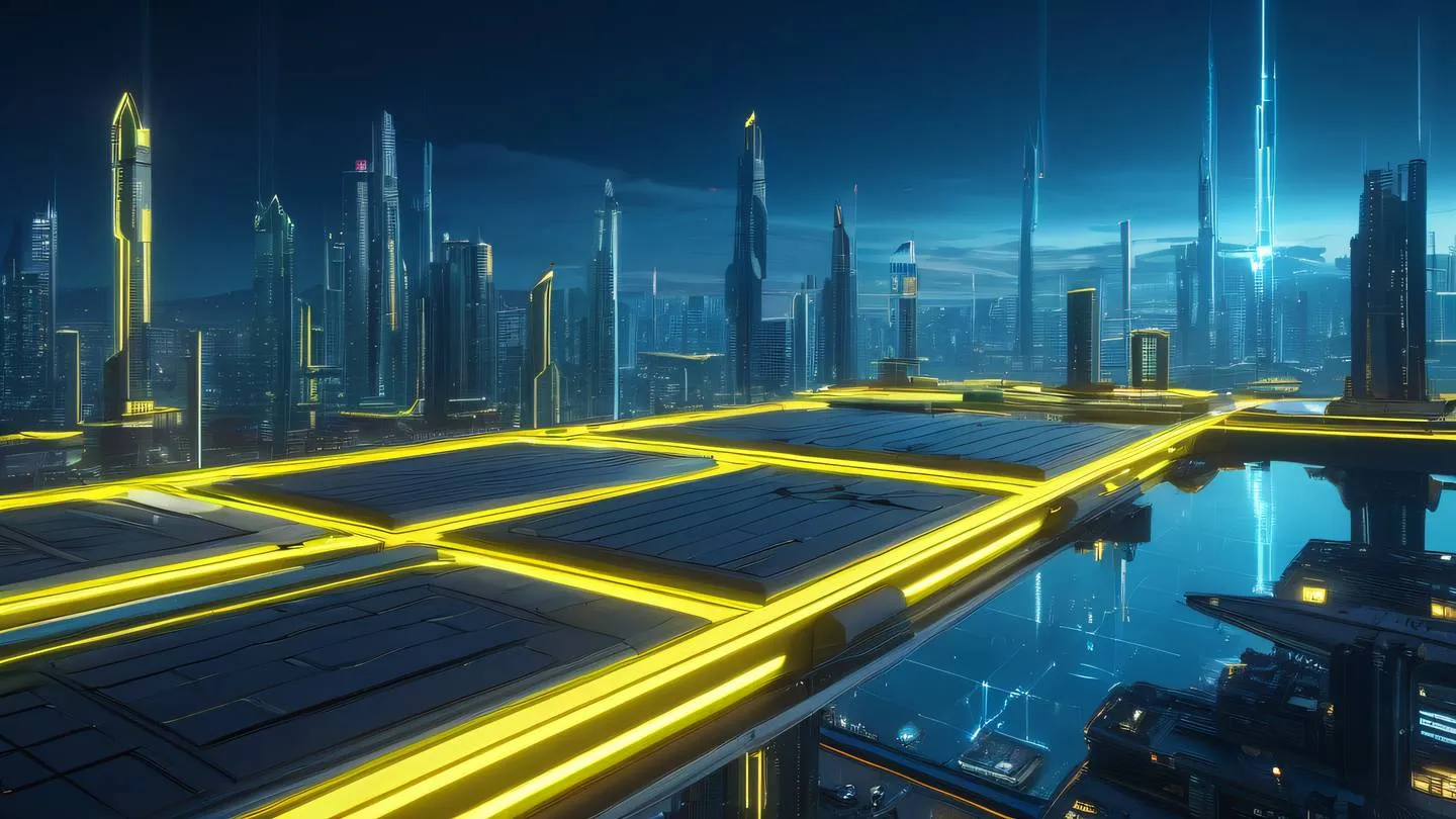 Futuristic cityscape with floating platforms and energy streams featuring neon yellow and bright sky blue lights illuminating geometric structures high-quality ultra-realistic cinematic 8K UHD sharp and detailed