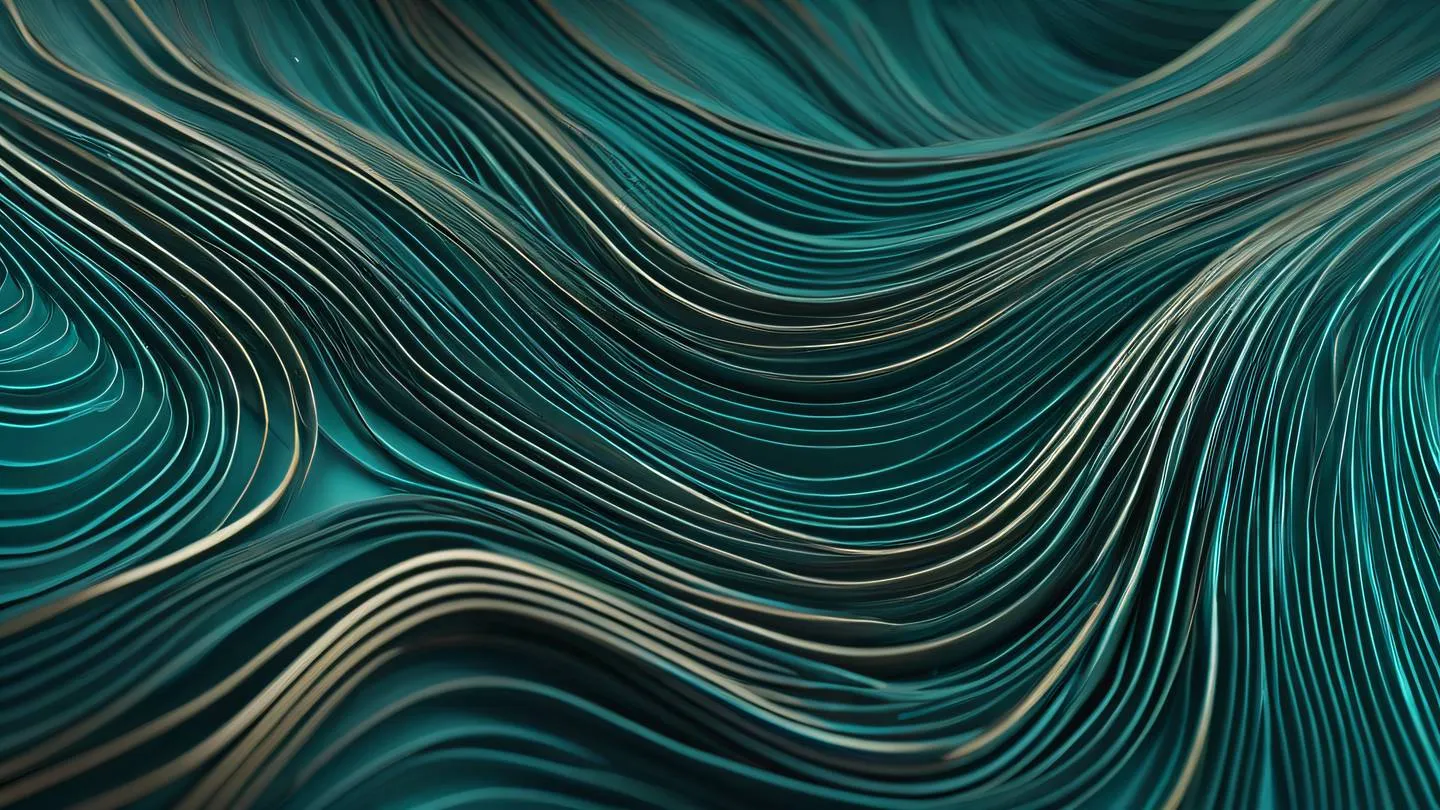 Abstract flowing lines representing data streams and web connectivity featuring metallic silver bright turquoise and champagne gold colors shot from top-down perspective high-quality ultra-realistic cinematic 8K UHD high resolution sharp and detail