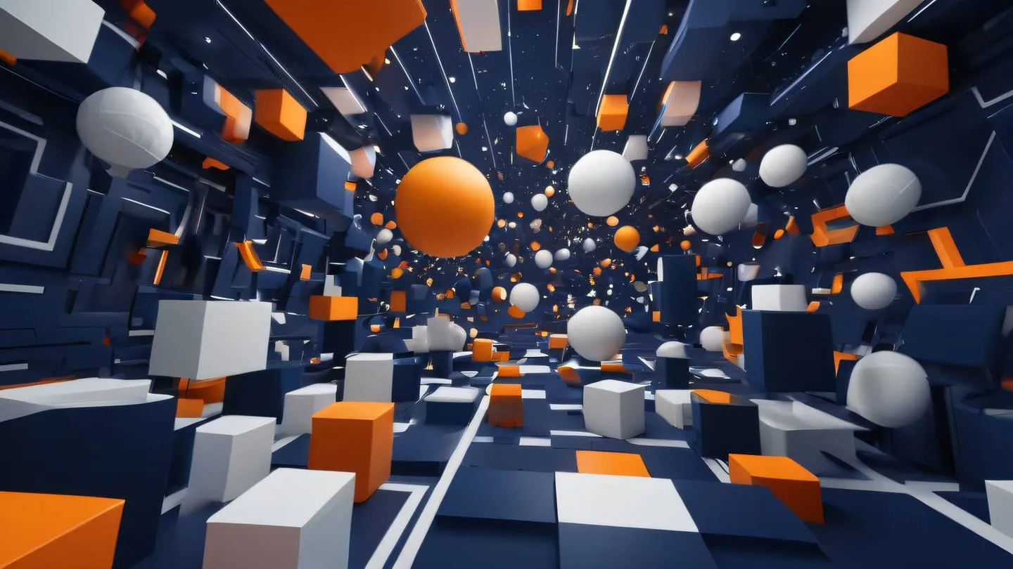 Modern abstract geometric shapes floating in space composed of bright orange crisp white and deep navy blue elements captured from a 45-degree angle high-quality ultra-realistic cinematic 8K UHD high resolution sharp and detail