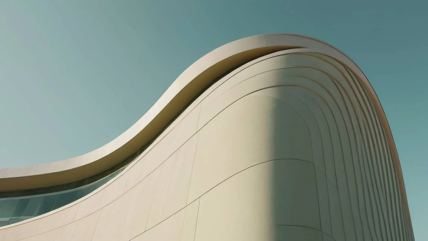 Minimalist curved architecture lines with soft shadows featuring sage green warm beige and sterling silver tones photographed from a low angle perspective high-quality ultra-realistic cinematic 8K UHD high resolution sharp and detail