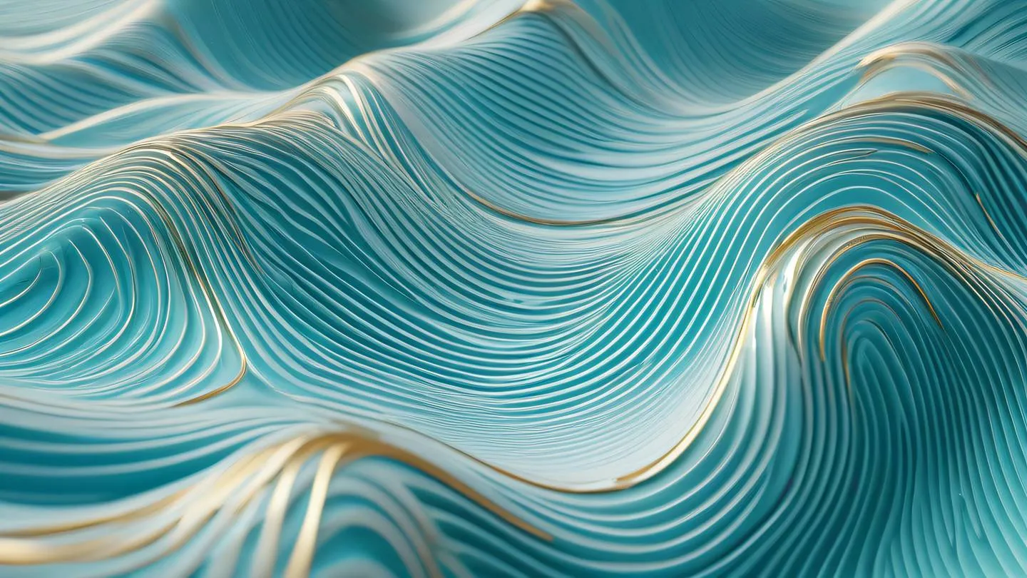 Futuristic abstract wave patterns with interconnected nodes rendered in bright cyan pristine white and metallic gold colors captured from a bird's eye view high-quality ultra-realistic cinematic 8K UHD high resolution sharp and detail