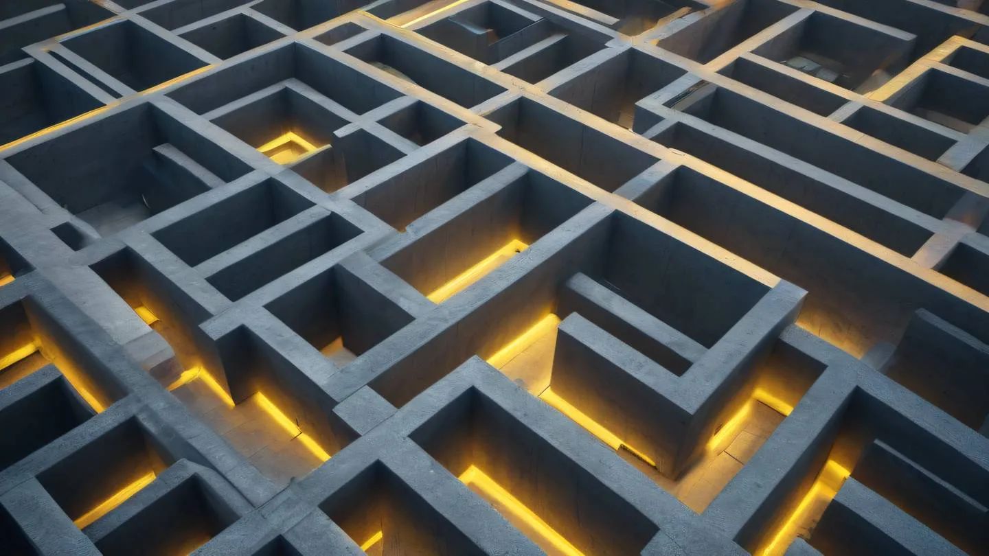 Abstract geometric patterns formed by interconnected concrete blocks creating a maze-like structure featuring iridescent light reflections warm yellow highlights against concrete texture captured from a bird's eye view high-quality ultra-realistic cinematic 8K UHD high resolution sharp and detail