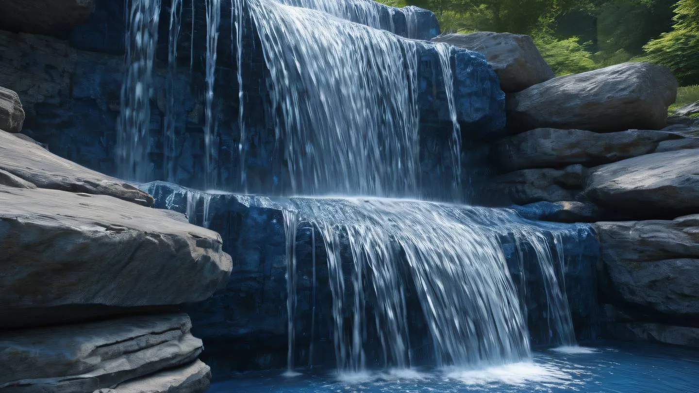 Flowing stone waterfall structure with multiple levels and geometric patterns indigo blue water elements cascading through natural stone textures photographed from a diagonal front view high-quality ultra-realistic cinematic 8K UHD high resolution sharp and detail