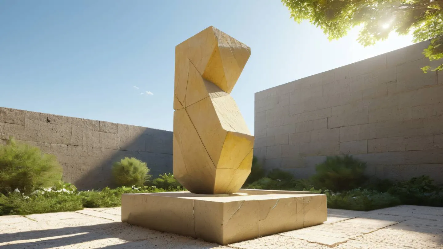 A minimalist stone sculpture garden with floating geometric elements featuring bright natural sunlight creating strong shadows yellow and white stone textures with subtle highlights viewed from a ground level perspective looking up high-quality ultra-realistic cinematic 8K UHD high resolution sharp and detail