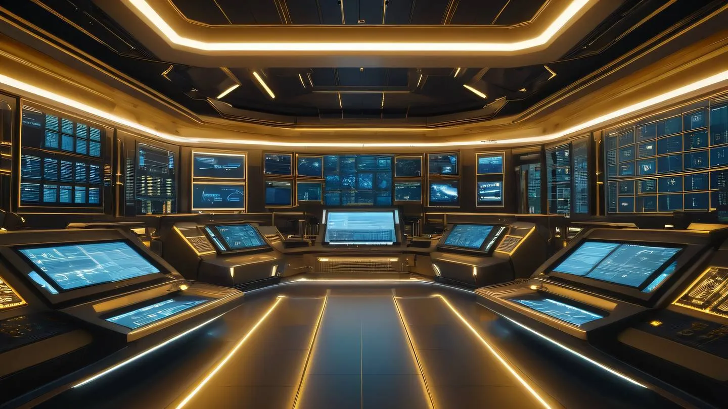 A futuristic automated system control room with floating holographic screens rendered in bright gold and white tones ultra-realistic sharp details cinematic lighting 8K resolution low angle shot capturing the grandeur of the space