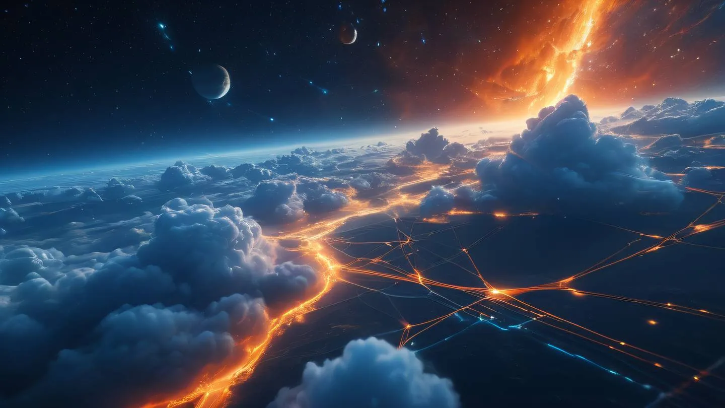 Abstract representation of interconnected cloud systems floating in space rendered in vibrant blue and orange hues ultra-realistic cinematic quality 8K UHD high resolution aerial perspective showing the vast network