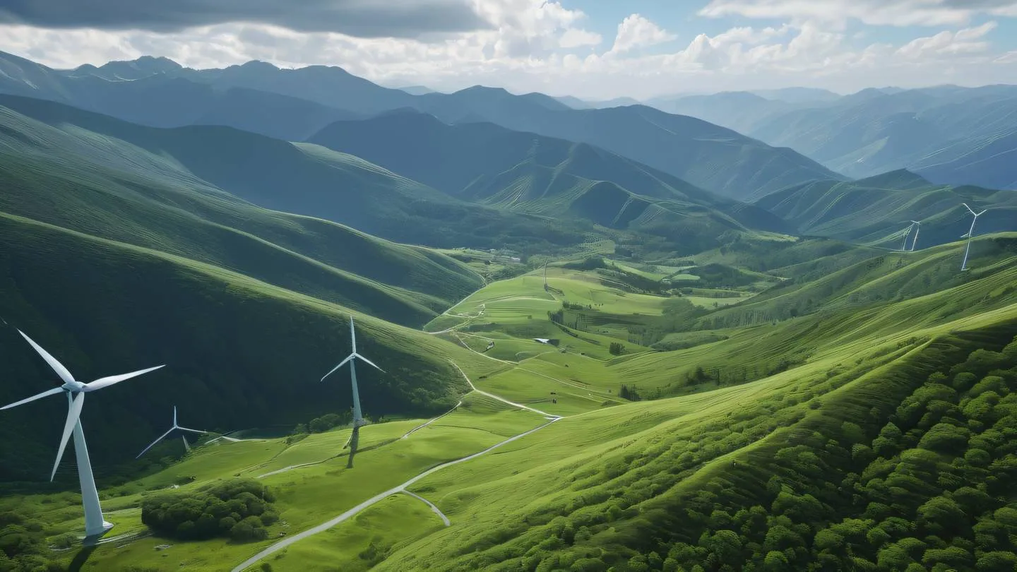 A serene mountain landscape with automated wind turbines featuring lush green valleys and white clouds ultra-realistic sharp details 8K resolution high angle drone perspective