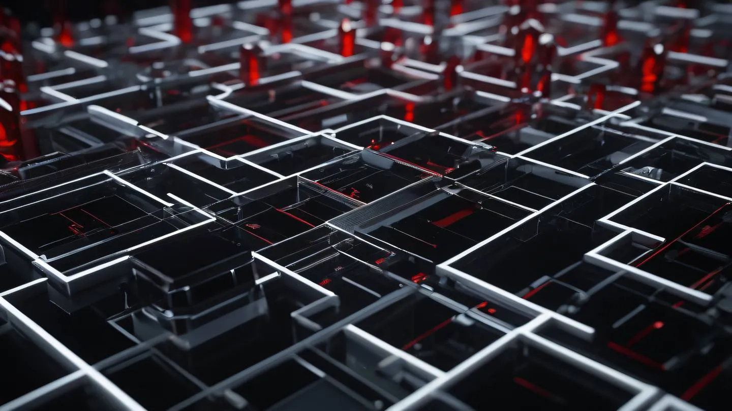 Abstract geometric patterns representing automation workflows composed of bright white and red crystalline structures against a dark background ultra-realistic cinematic quality 8K UHD macro close-up shot