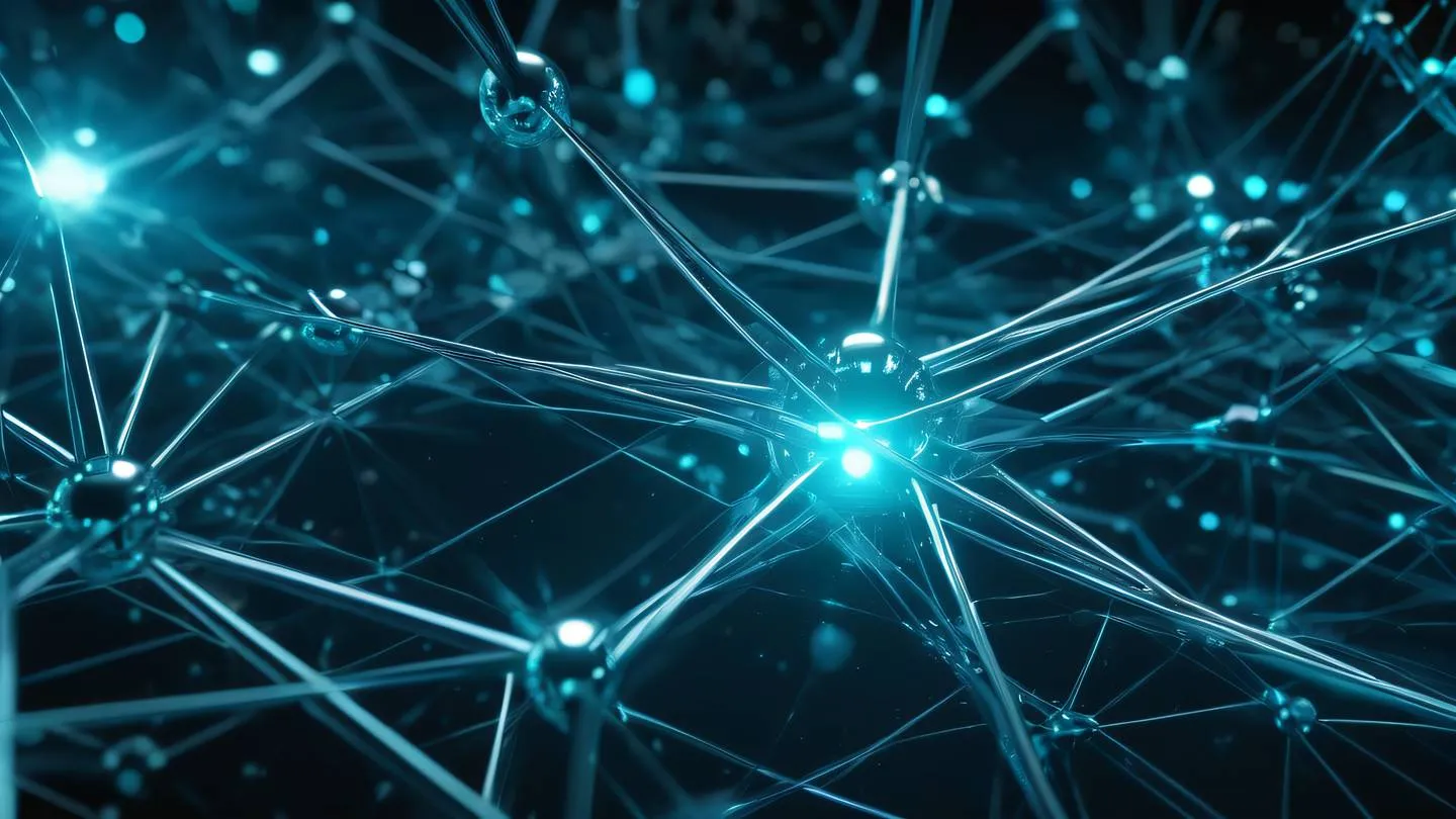 Abstract geometric network connections floating in space metallic silver and chrome nodes connected by bright cyan energy lines extreme close-up shot high-quality ultra-realistic cinematic 8K UHD high resolution sharp and detail