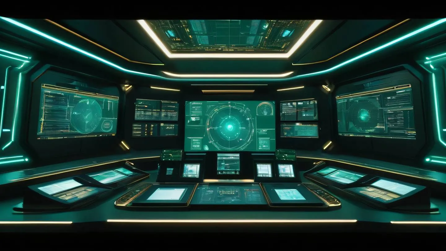 Futuristic command center with holographic displays floating in empty space rich emerald green and gold accents dashboard elements made of light shot from below looking up high-quality ultra-realistic cinematic 8K UHD high resolution sharp and detail