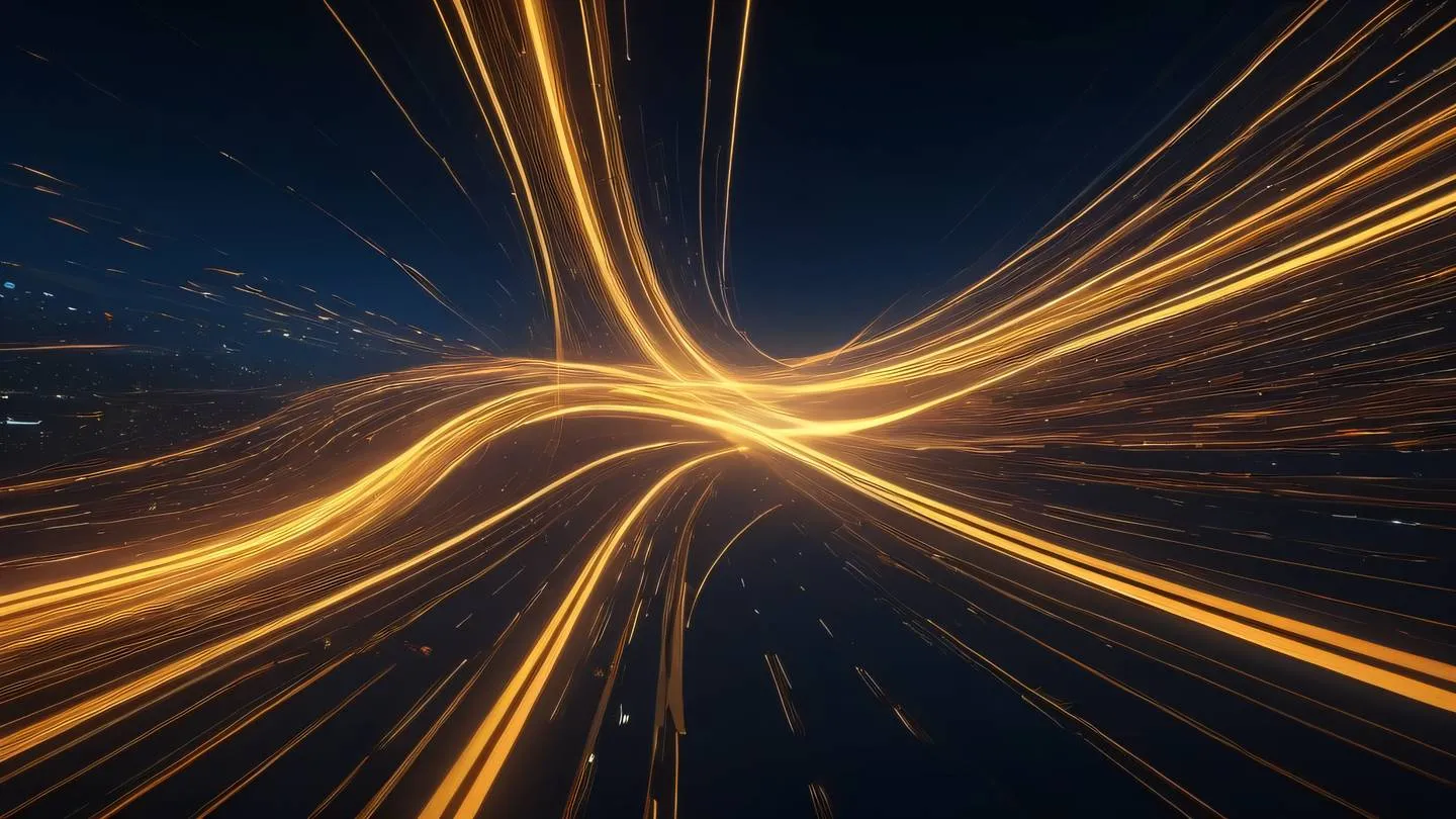 Flowing data streams in abstract space environment bright amber and cream colored light trails against deep blue background captured from bird's eye view high-quality ultra-realistic cinematic 8K UHD high resolution sharp and detail