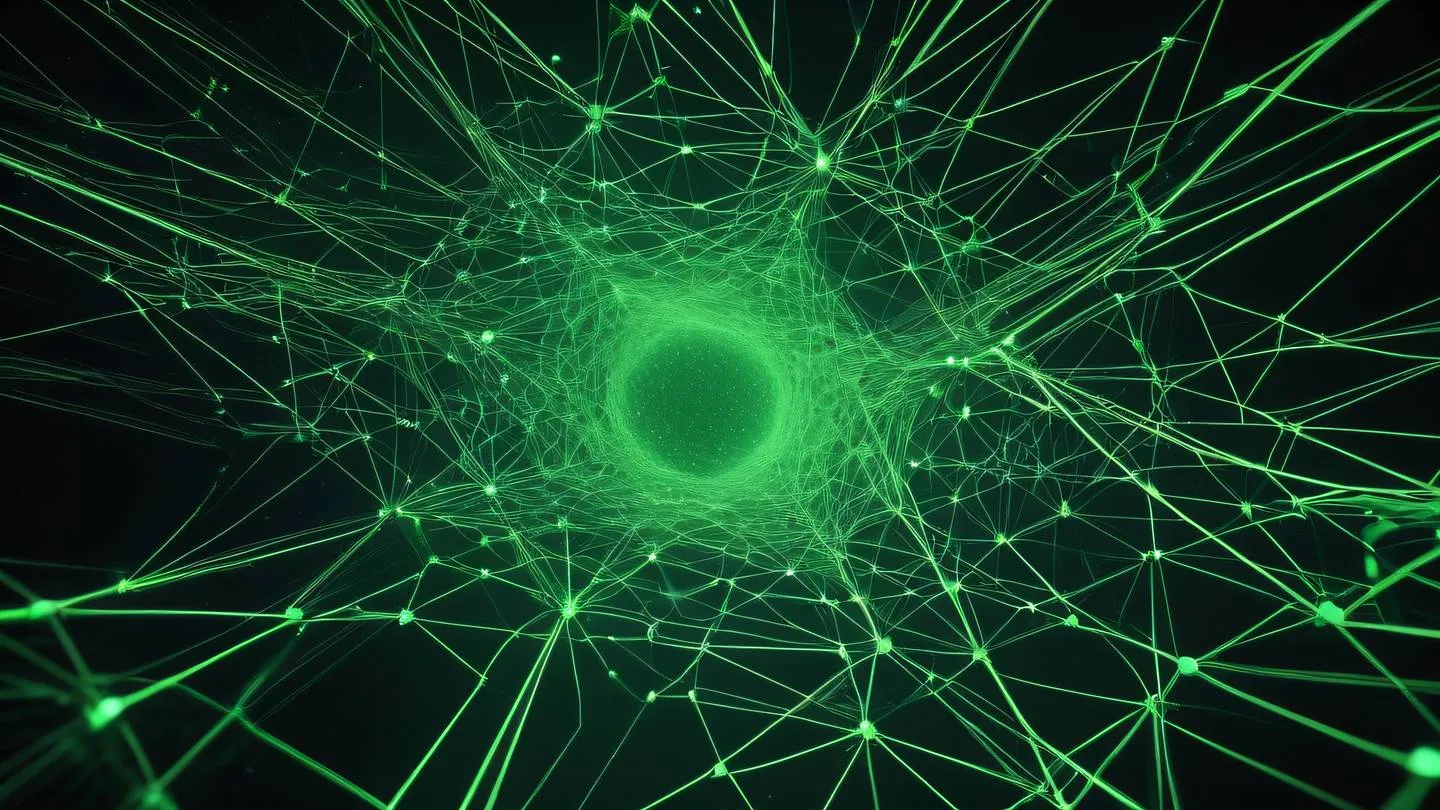 Abstract futuristic network mesh structure floating in space featuring neon green and off-white colors interconnected nodes representing web data shot from low angle perspective with dramatic lighting high-quality ultra-realistic cinematic 8K UHD high resolution sharp and detail