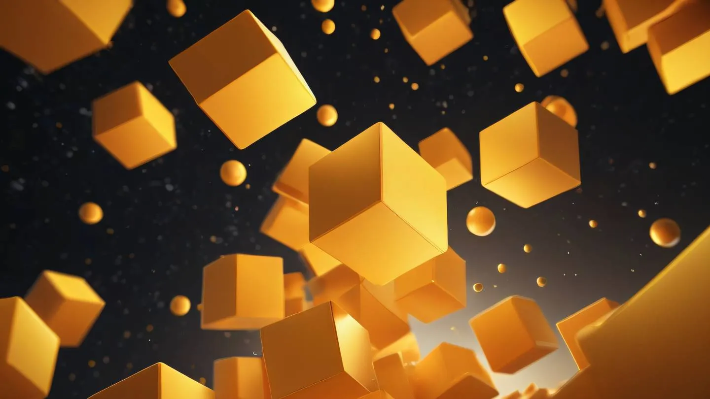 Geometric abstract composition of interconnected cubes and spheres floating in space minimalist yellow and orange gradient colors captured from bird's eye view perspective high-quality ultra-realistic cinematic 8K UHD high resolution sharp and detail