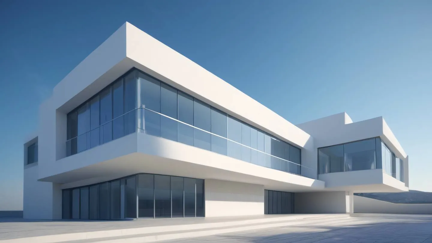 Modern architectural structure with clean lines and smooth surfaces cool blue and off-white color scheme photographed from dramatic diagonal angle high-quality ultra-realistic cinematic 8K UHD high resolution sharp and detail