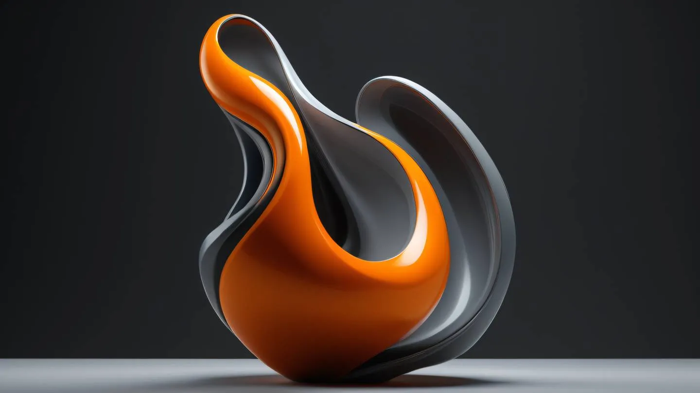 Organic flowing abstract sculpture with smooth curves and edges bright orange and cool grey color palette captured from ground level perspective with dramatic shadows high-quality ultra-realistic cinematic 8K UHD high resolution sharp and detail