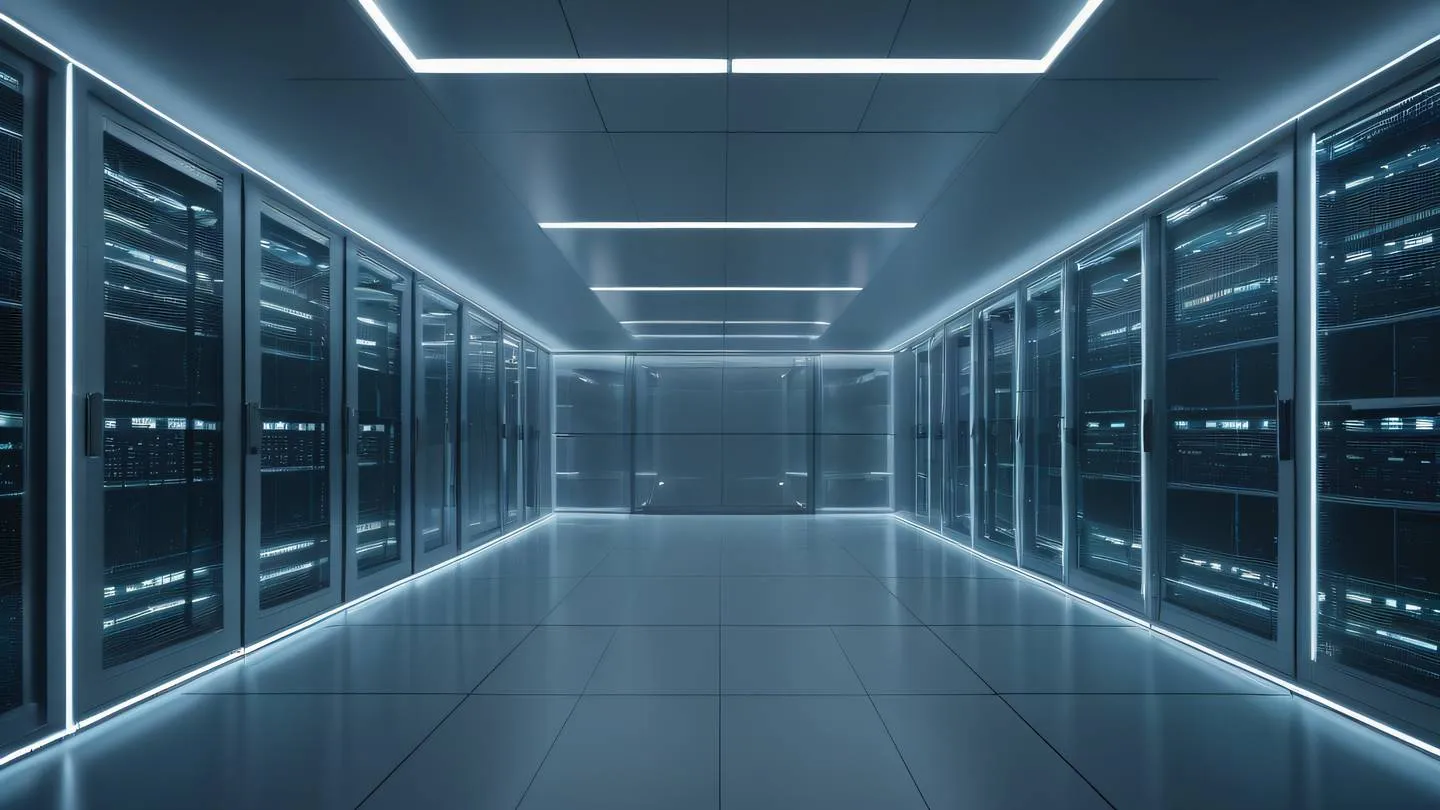 Futuristic minimalist server room with geometric patterns and floating data visualizations color palette: breezeway and etched glass with subtle white accents ultra-realistic cinematic lighting 8K UHD sharp details camera angle: low angle shot looking up towards infinity