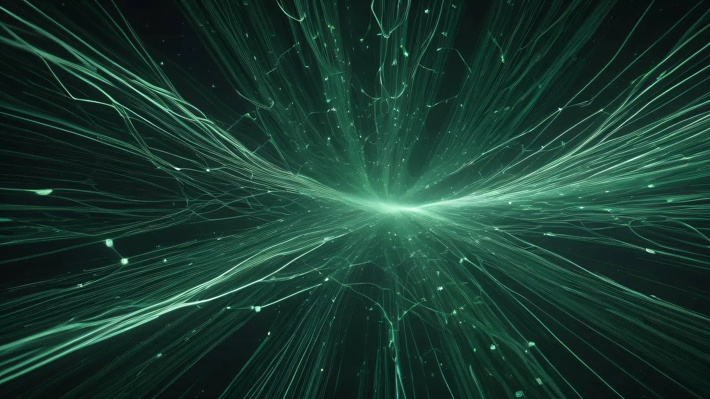 Abstract flowing data streams forming interconnected networks floating in space color palette: sage and pine green with subtle white highlights high-quality ultra-realistic cinematic 8K UHD high resolution sharp and detail camera angle: bird's eye view