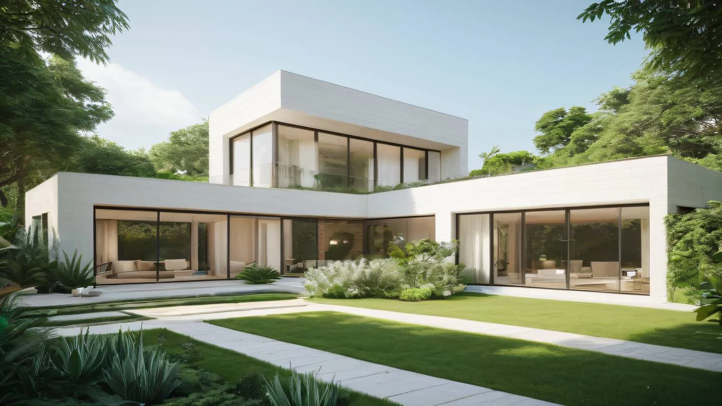 Modern architectural structure with clean lines and geometric shapes amid a lush garden color palette: whisper white and sun-washed brick with natural green accents high-quality ultra-realistic cinematic 8K UHD high resolution sharp and detail camera angle: wide angle from ground level