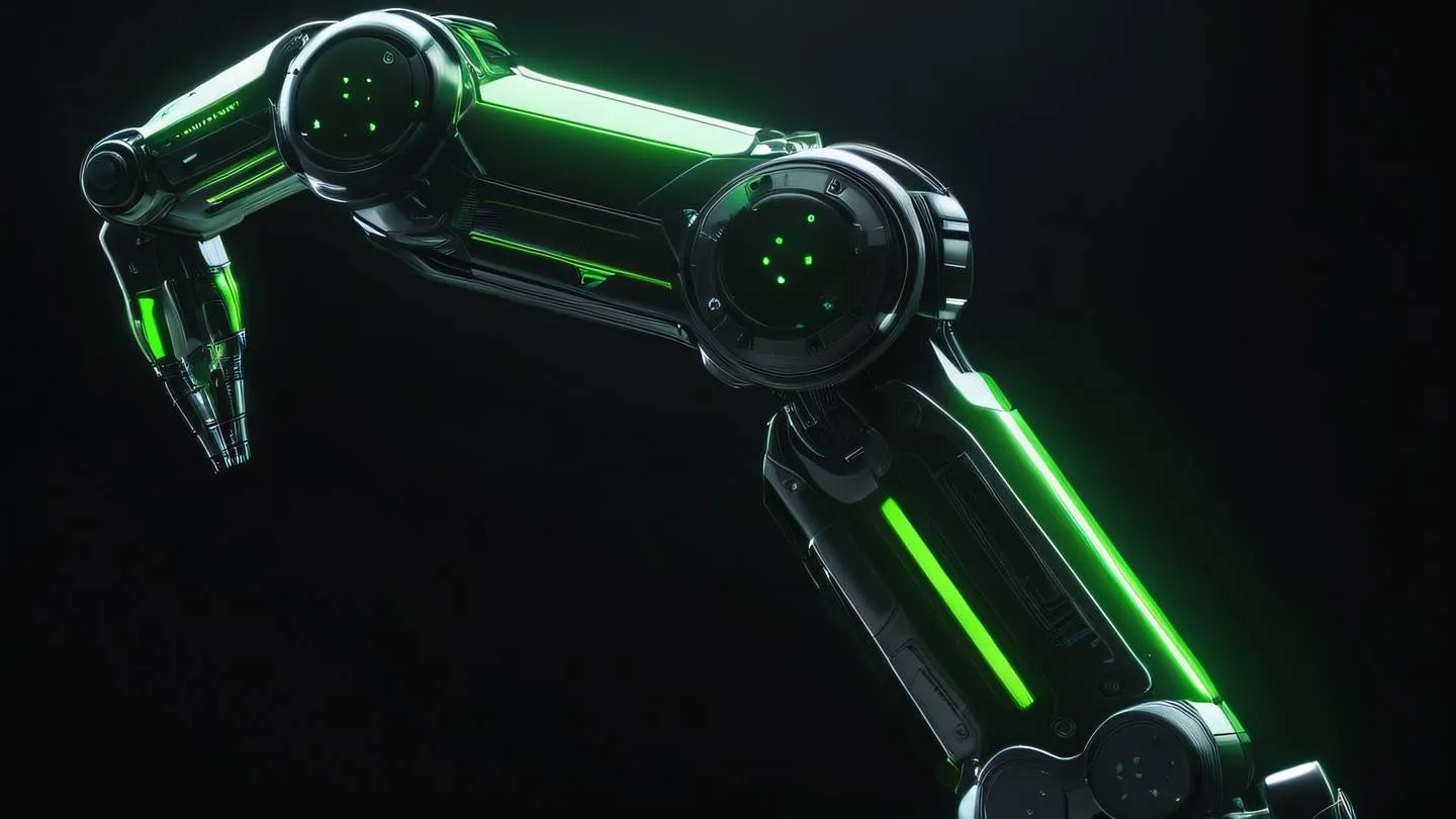 A futuristic abstract robotic arm carefully extracting geometric data streams rendered in bright neon green and metallic silver against a deep black background shot from a low angle perspective high-quality ultra-realistic cinematic 8K UHD high resolution sharp and detail