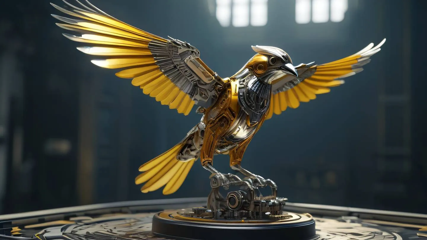 A majestic mechanical bird made of chrome and steel parts perched on a circuit board branch wings spread wide showing intricate gear mechanisms inside environment bathed in butterscotch yellow and metallic silver tones shot from a low angle perspective looking up high-quality ultra-realistic cinematic 8K UHD high resolution sharp and detail