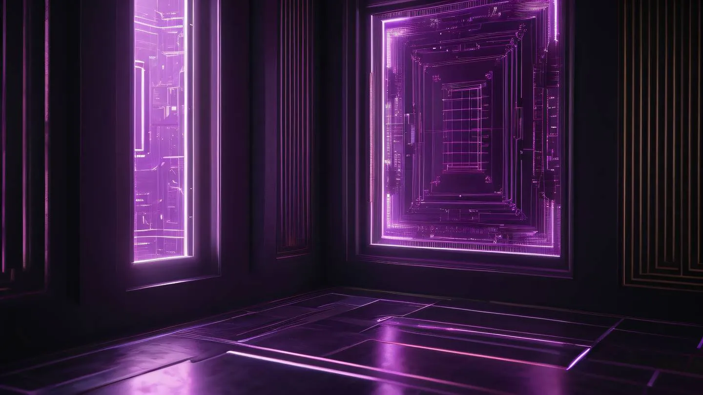 Light rays streaming through a geometric window frame casting shadows in the shape of computer circuits colored in rich amethyst and black tones photographed from a diagonal side angle high-quality ultra-realistic cinematic 8K UHD high resolution sharp and detail