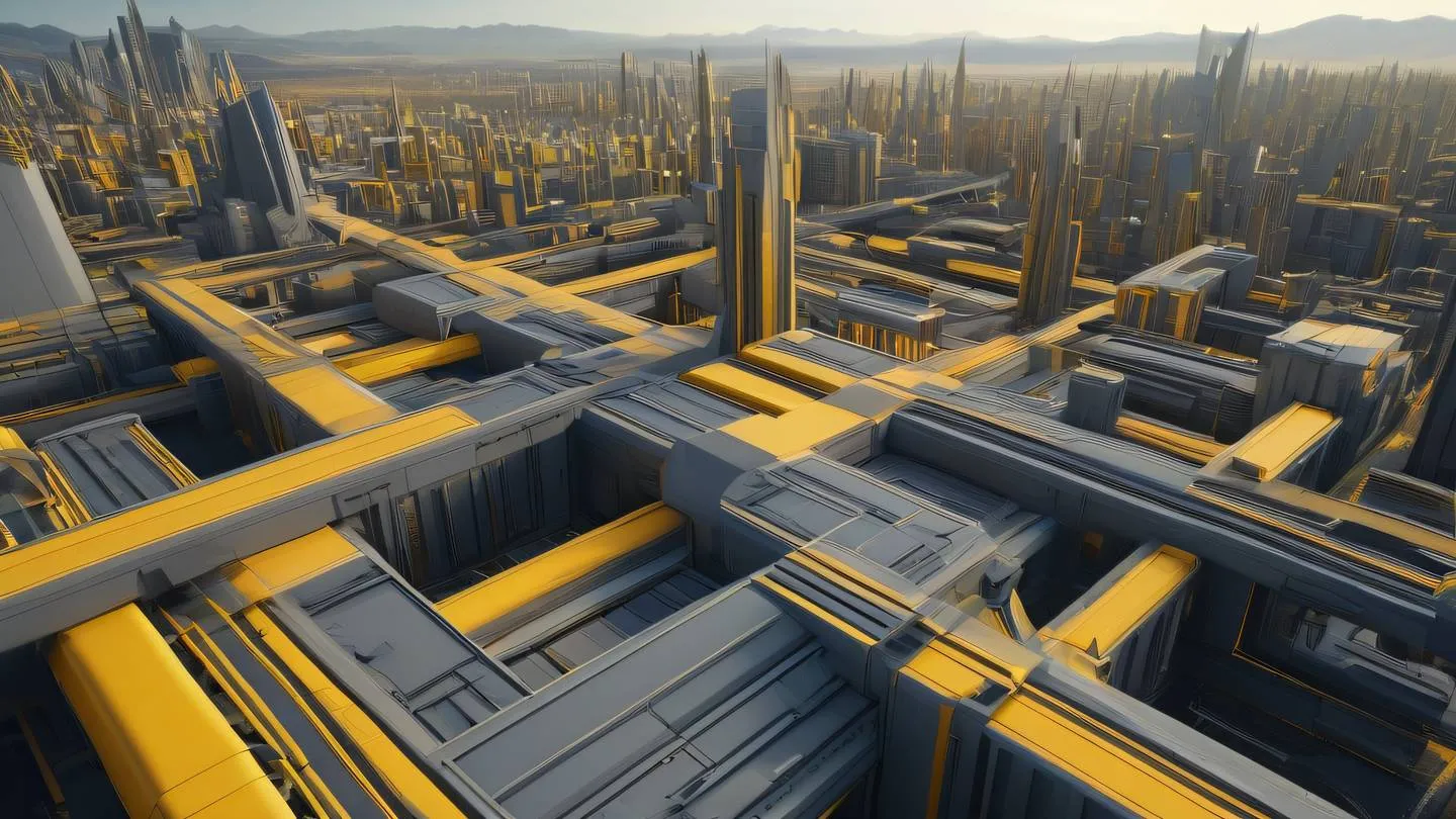 An abstract landscape of interconnected geometric shapes and patterns featuring bold butterscotch yellow and gray gradients with sharp angular formations suggesting technological progress captured from a dramatic wide-angle perspective high-quality ultra-realistic cinematic 8K UHD high resolution sharp and detail