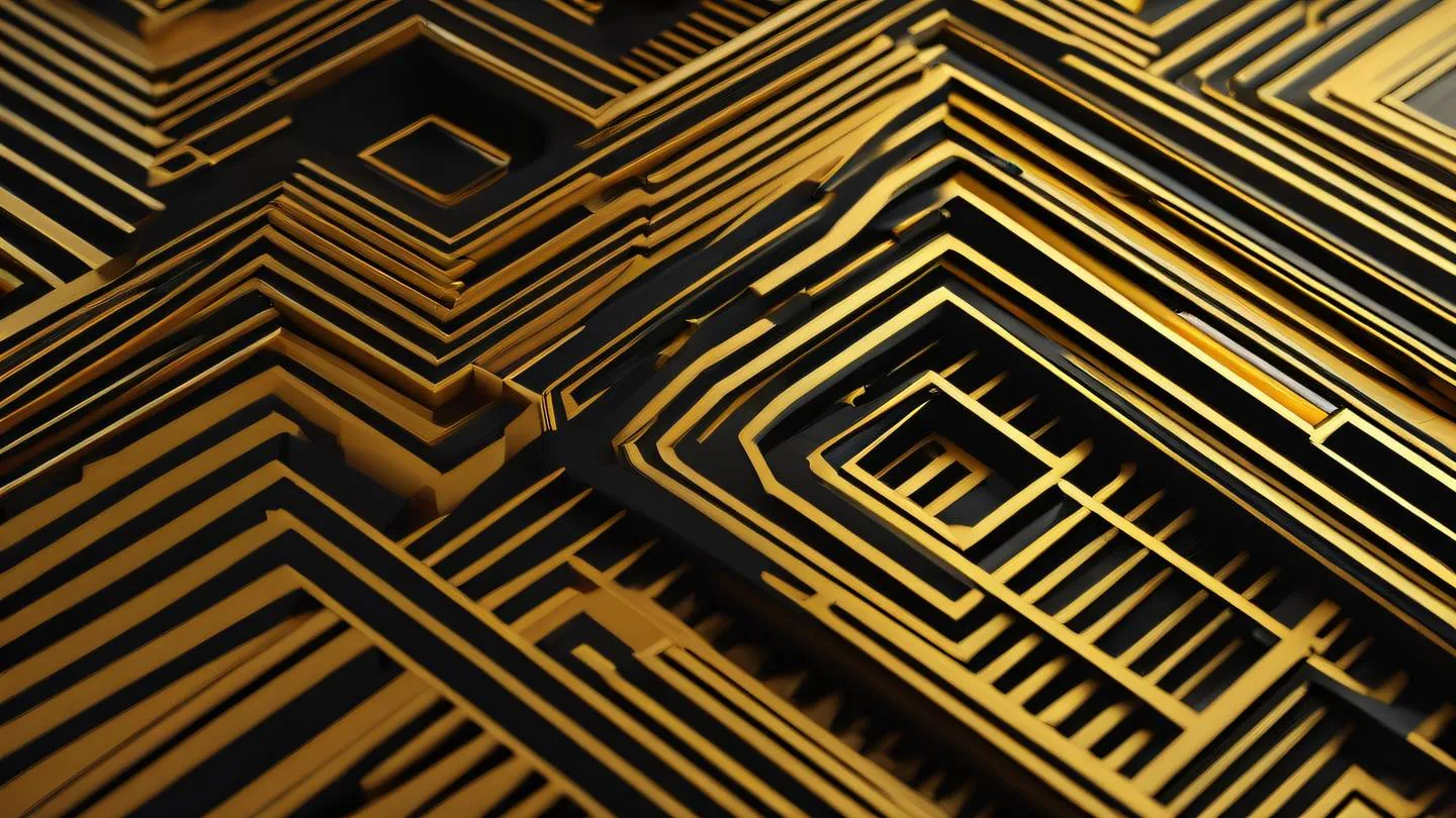 Abstract geometric pattern representing technology evolution with flowing shapes in butterscotch yellow and black gradients captured from a straight-on perspective with diagonal leading lines high-quality ultra-realistic cinematic 8K UHD high resolution sharp and detail