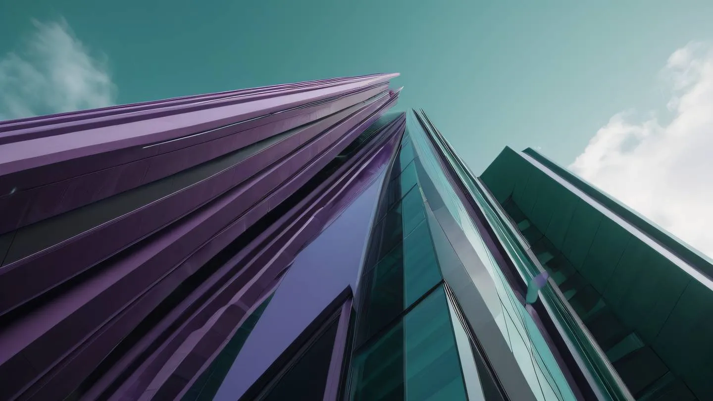 Modern abstract architectural composition with clean lines and geometric shapes featuring amethyst and dark green color palette photographed from a low angle perspective creating dramatic upward lines high-quality ultra-realistic cinematic 8K UHD high resolution sharp and detail