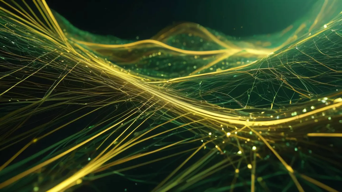 Futuristic abstract data visualization with flowing energy streams and interconnected nodes in bright metallic gold and forest green colors captured from a dynamic diagonal perspective high-quality ultra-realistic cinematic 8K UHD high resolution sharp and detail