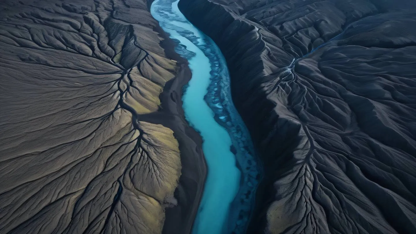 Aerial view of a vast network of rivers and streams forming interconnected patterns in Iceland with bright cool blue glacial waters contrasting against black volcanic sand high-quality ultra-realistic cinematic 8K UHD high resolution sharp and detail