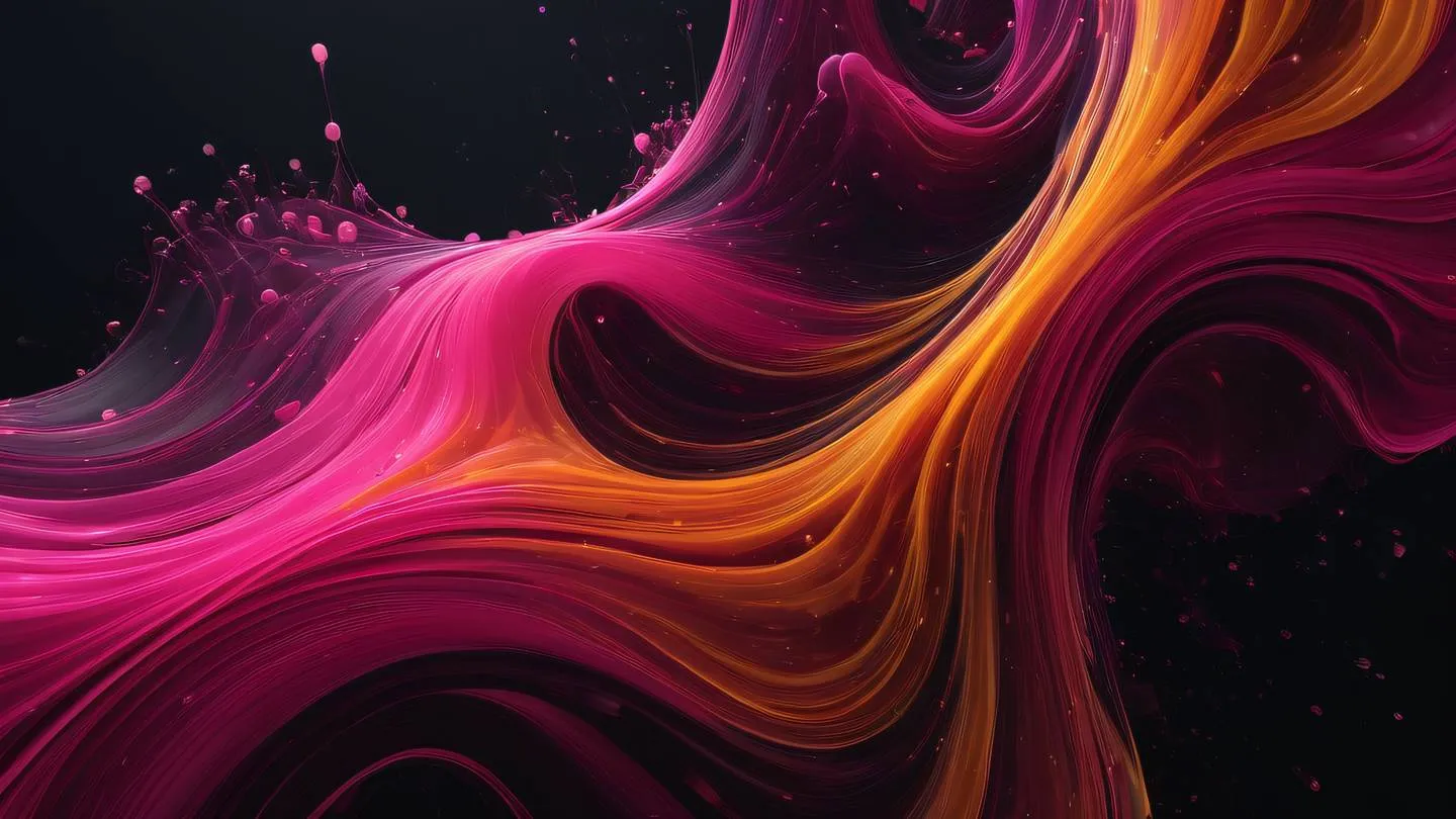 Abstract fluid art representation of data flow with swirling patterns in bright pink and amber gradients against a dark background featuring organic shapes that suggest connectivity and movement high-quality ultra-realistic cinematic 8K UHD high resolution sharp and detail