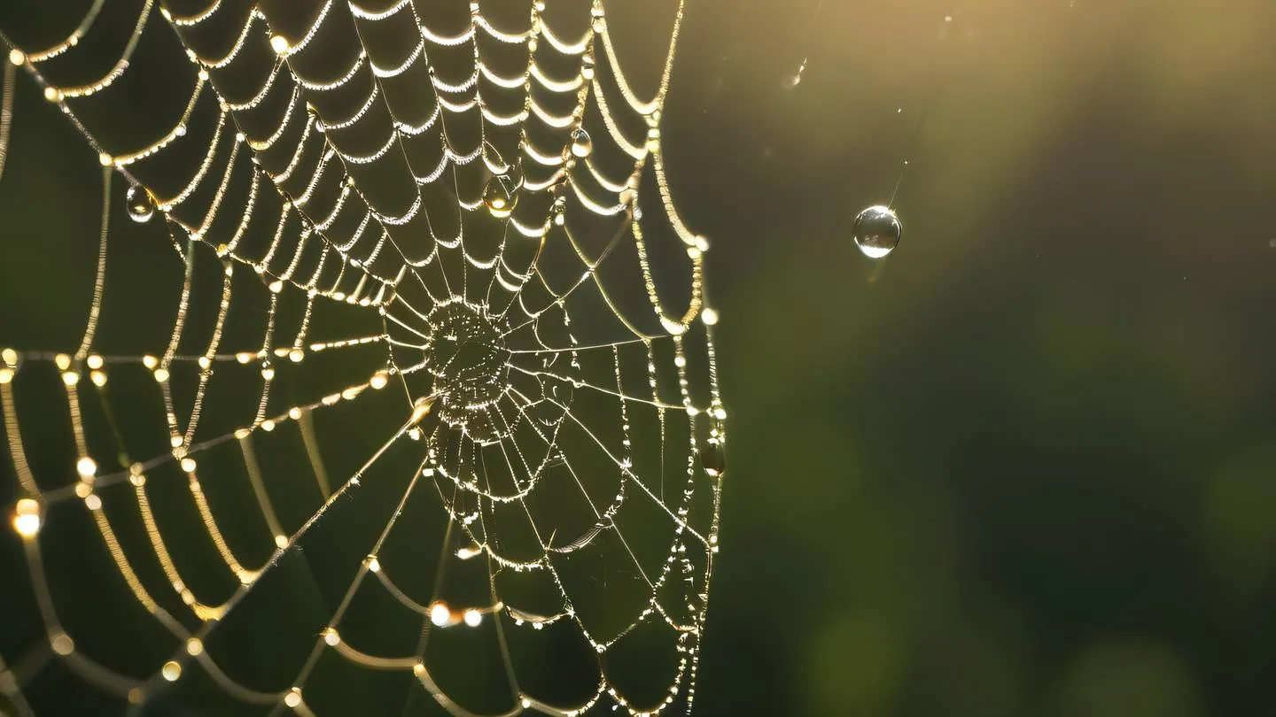 Close-up nature photography of dewdrops on a spider web in morning light with creamy golden colors creating a natural network pattern high-quality ultra-realistic cinematic 8K UHD high resolution sharp and detail