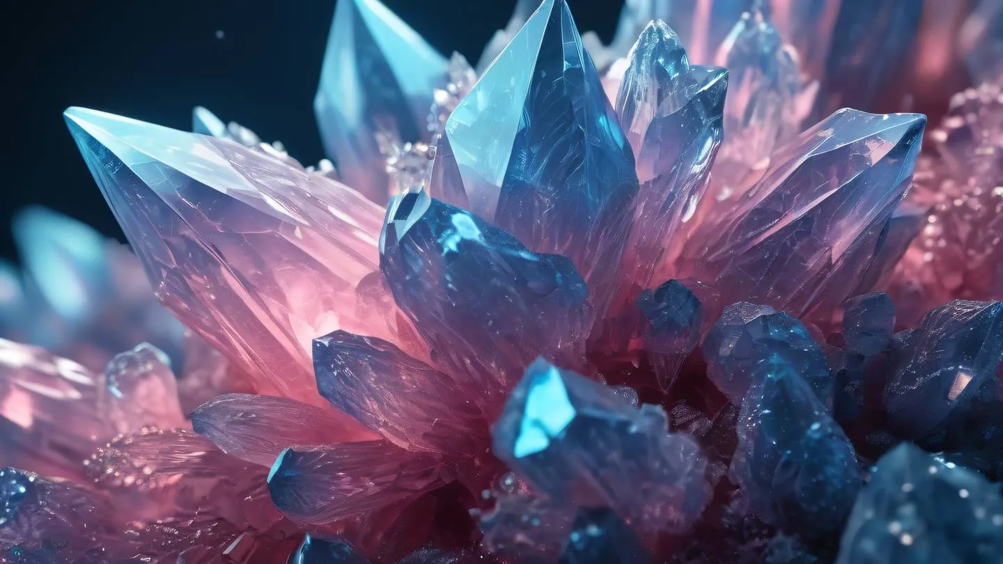 Macro photography of crystal formations with bright cool blues and pinks creating intricate geometric patterns resembling digital networks and connections high-quality ultra-realistic cinematic 8K UHD high resolution sharp and detail