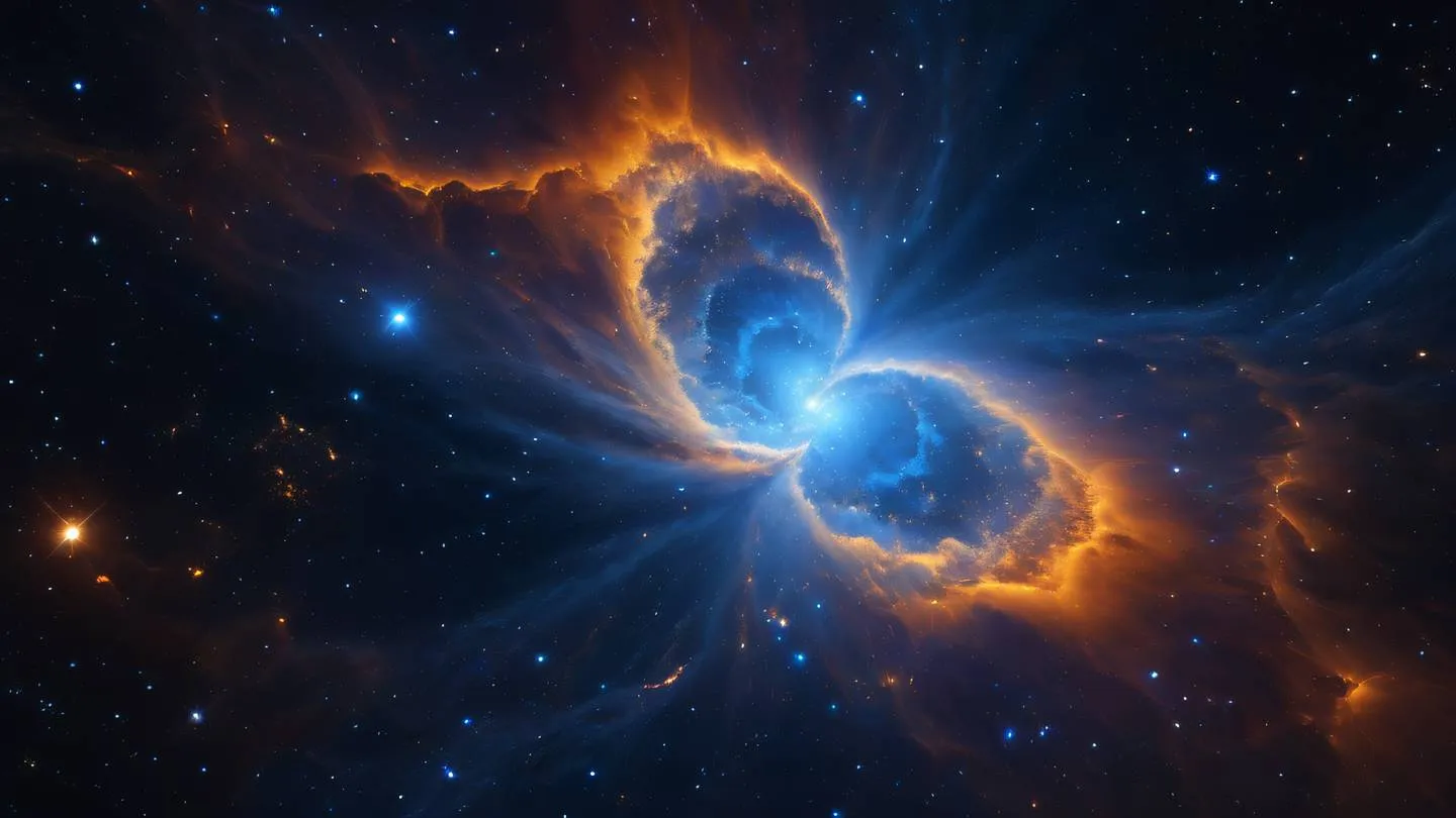 A vibrant cosmic nebula with swirling patterns of bright orange and electric blue gases featuring intricate stellar formations against a deep indigo background ultra-realistic cinematic 8K UHD high resolution sharp and detail