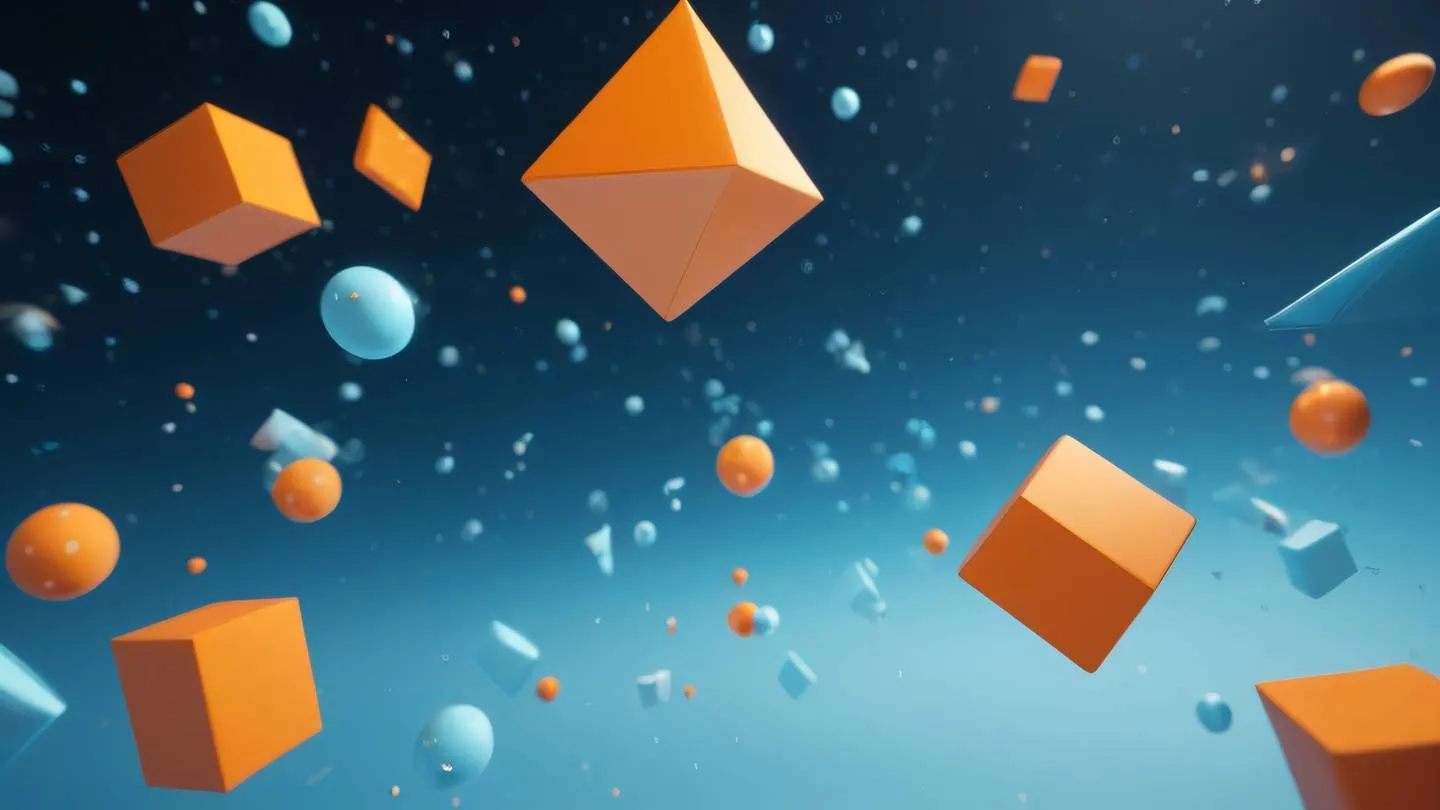 Abstract 3D geometric shapes floating in space rendered in bright orange and pale blue gradients with scattered light particles creating a tech-inspired atmosphere high-quality ultra-realistic cinematic 8K UHD high resolution sharp and detail