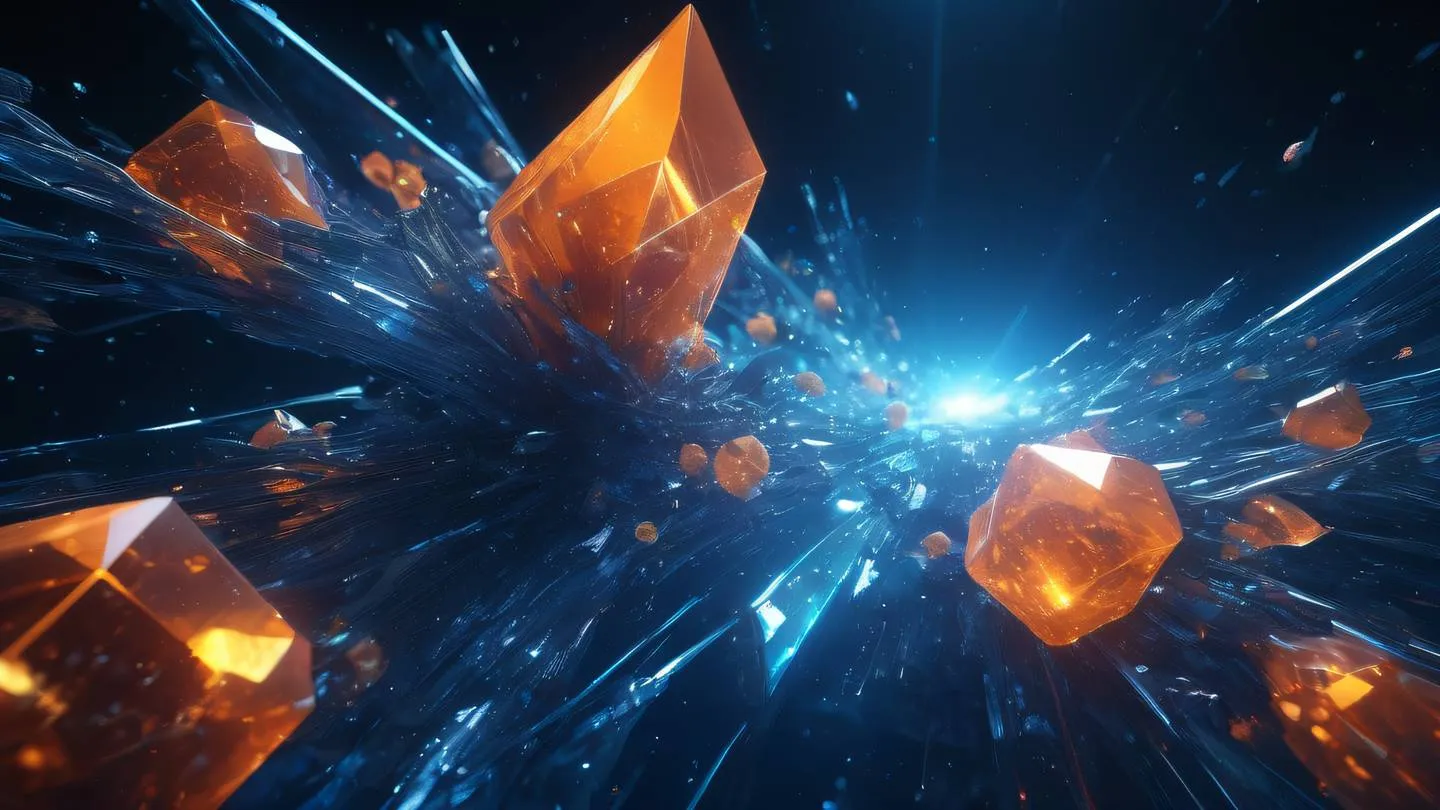 A series of interconnected crystalline structures floating in space with bright indigo and orange light streams flowing between them rendered in a modern digital art style high-quality ultra-realistic cinematic 8K UHD high resolution sharp and detail