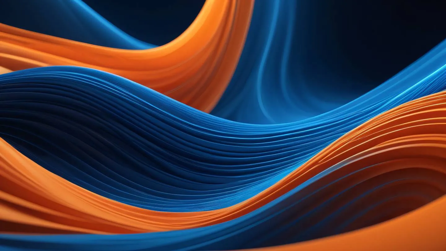 Dynamic abstract waves of energy flowing through a dimensional space featuring bright orange and electric blue colors intertwining with pale indigo accents digital art render high-quality ultra-realistic cinematic 8K UHD high resolution sharp and detail