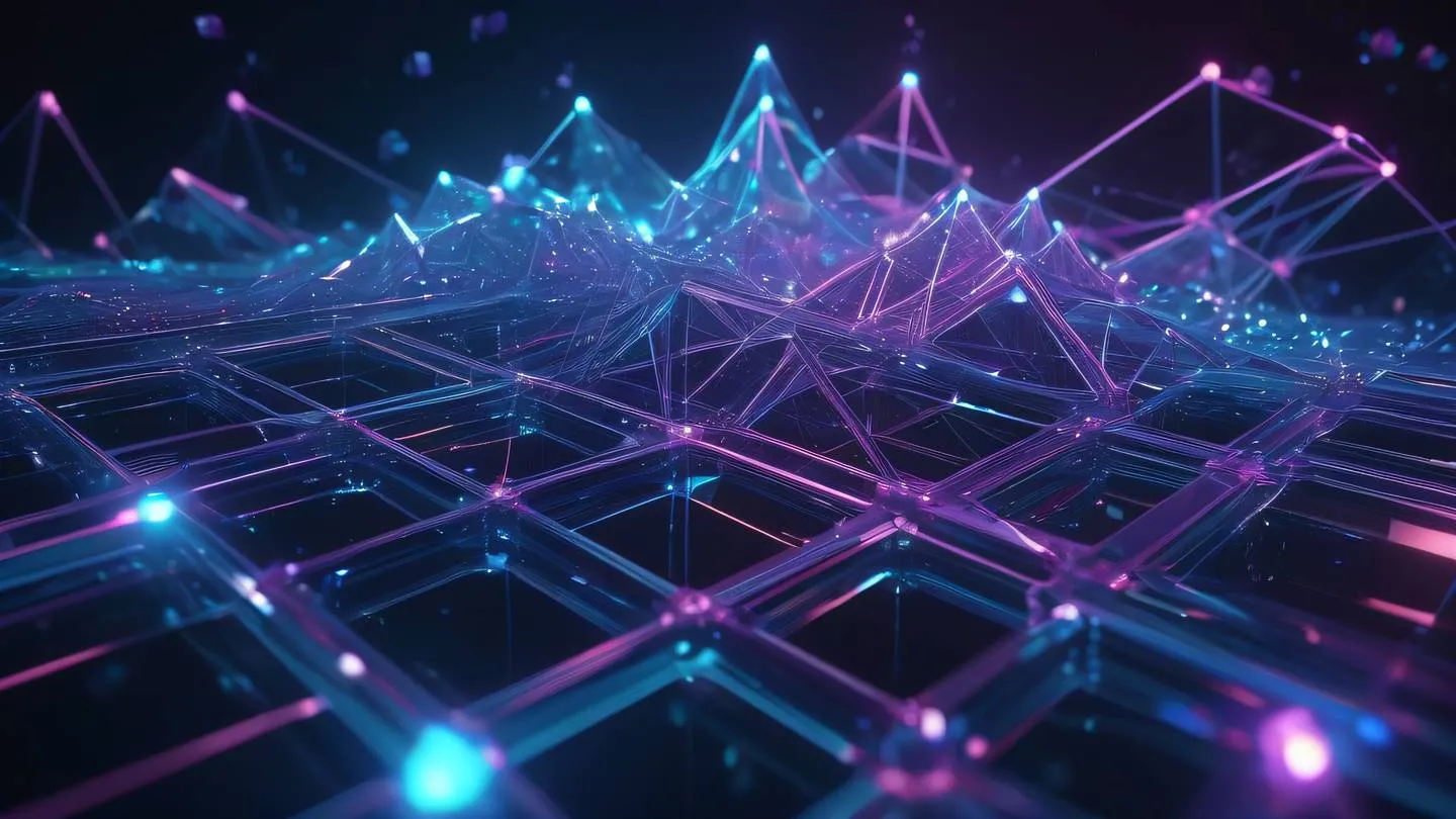 Abstract geometric patterns forming interconnected nodes with holographic color scheme featuring flowing lines and crystal-like structures high-quality ultra-realistic cinematic 8K UHD high resolution sharp and detail