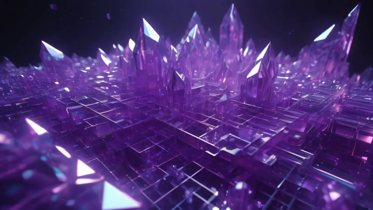 A complex crystalline structure with interwoven paths of purple and holographic light creating a spatial abstract composition high-quality ultra-realistic cinematic 8K UHD high resolution sharp and detail