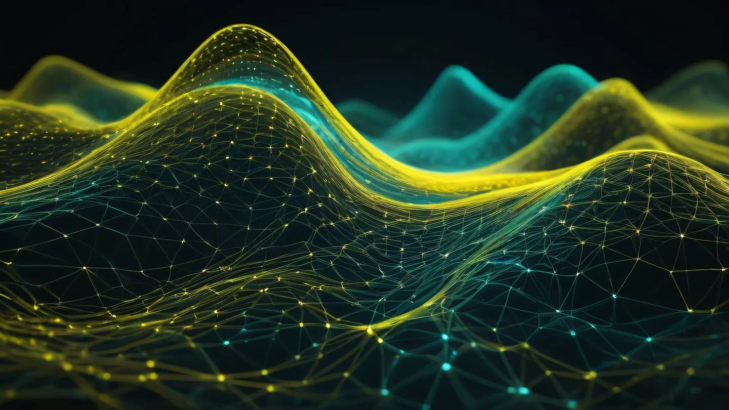 Abstract flowing data visualization with interconnected nodes in bright yellow and cyan colors featuring organic wave patterns against a dark background representing digital communication networks high-quality ultra-realistic cinematic 8K UHD high resolution sharp and detail