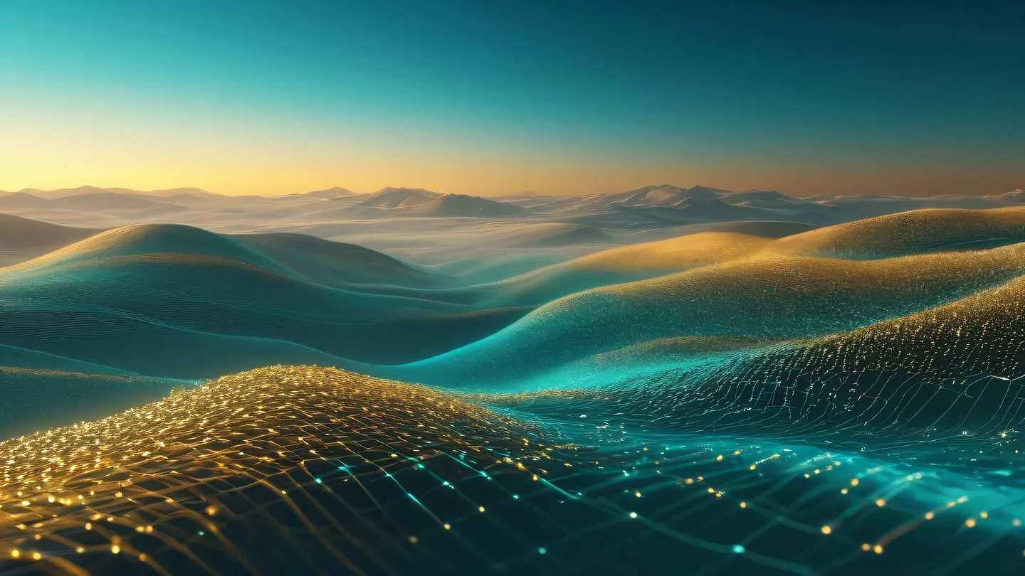 A serene digital landscape featuring flowing data streams in shimmering gold and turquoise colors with abstract geometric shapes floating in a gradient sky representing peaceful technology harmony high-quality ultra-realistic cinematic 8K UHD high resolution sharp and detail