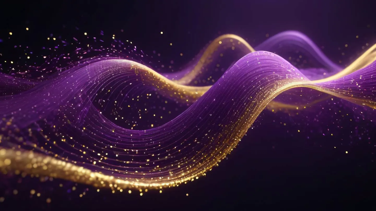 Abstract visualization of data streams with flowing particles in vibrant violet and pale gold colors forming elegant curved paths against a dark background 3D render digital art high-quality ultra-realistic cinematic 8K UHD