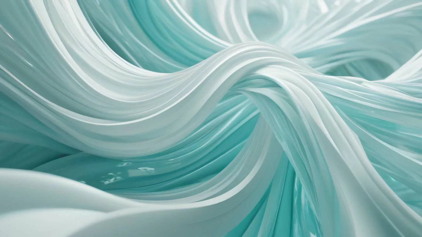 Dynamic 3D rendered environment showing flowing energy ribbons in creamy white and pale cyan colors interweaving through crystalline structures environment concept art high-quality ultra-realistic cinematic 8K UHD