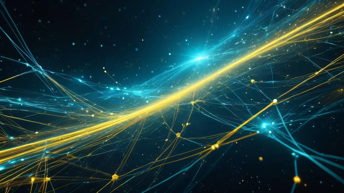 Abstract digital art representing network connections flowing energy streams in bright cyan and yellow colors interweaving in space cosmic background with star particles ultra-realistic cinematic 8K UHD high resolution sharp and detailed