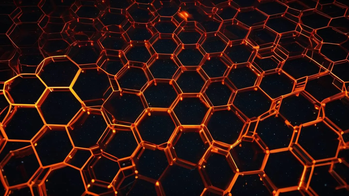 Abstract geometric network pattern interconnected hexagonal shapes with glowing edges in bright orange and red colors floating in dark space with particle effects high-quality ultra-realistic cinematic 8K UHD sharp and detailed