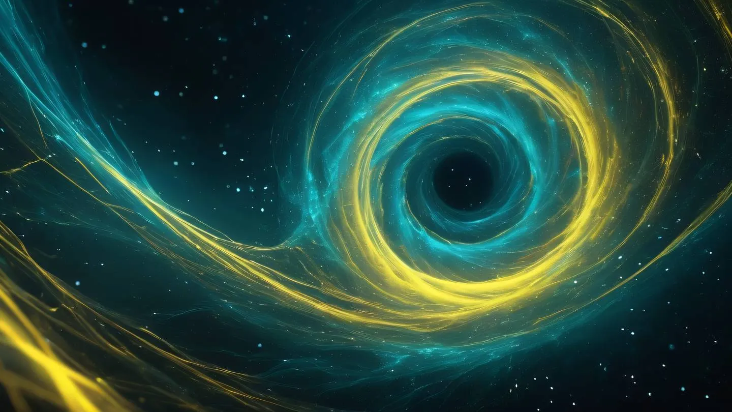 Dynamic energy flow visualization spiral patterns with data streams in bright yellow and cyan colors nebula-like background with particle effects high-quality ultra-realistic cinematic 8K UHD sharp and detailed