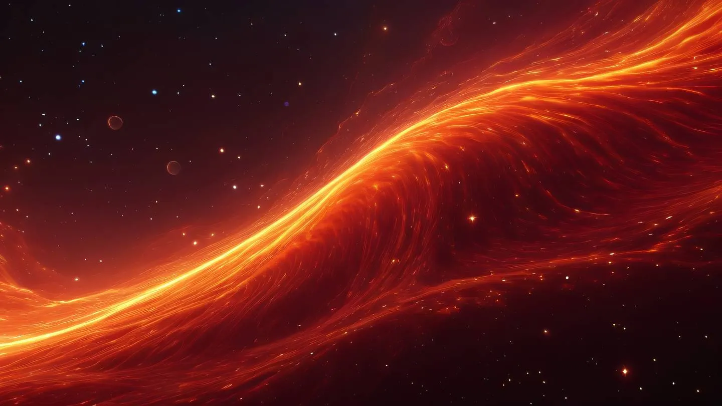 Futuristic data stream visualization flowing waves of energy in bright red and orange colors cosmic space background with nebula effects high-quality ultra-realistic cinematic 8K UHD sharp and detailed