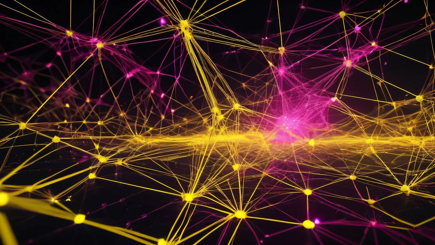 A futuristic network topology visualization with interconnected nodes glowing in bright yellow and vivid pink abstract geometric patterns floating in space ultra-realistic cinematic 8K UHD high resolution sharp and detail